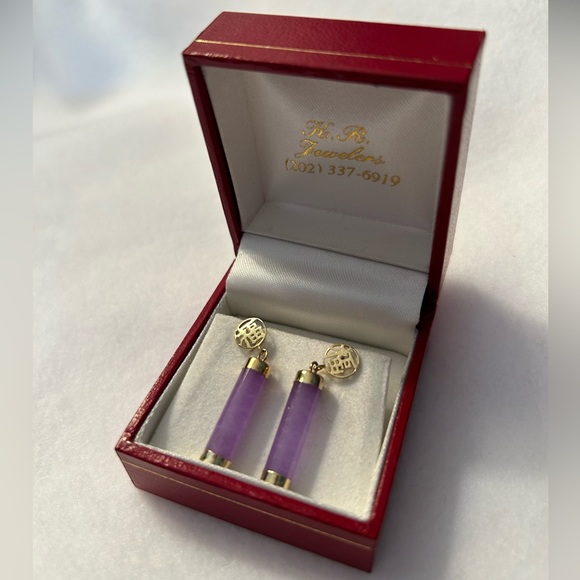 14k Solid Gold and Lavender Jade Tube Earrings - Picture 1 of 10